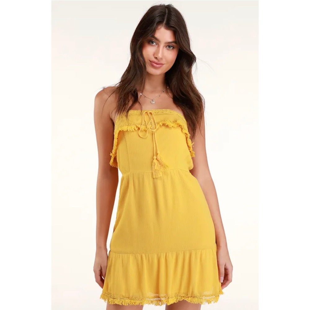 Lulus Mustard Yellow Strapless Boho Mini Dress Crochet Fringe Tassel XL NEW